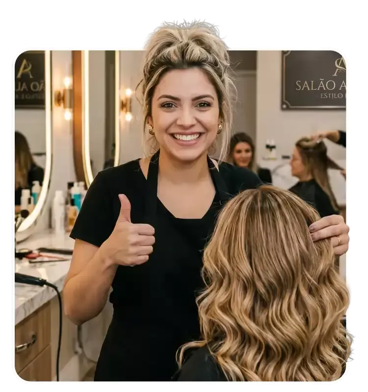 Cabeleireira confiante e feliz com o resultado da cor